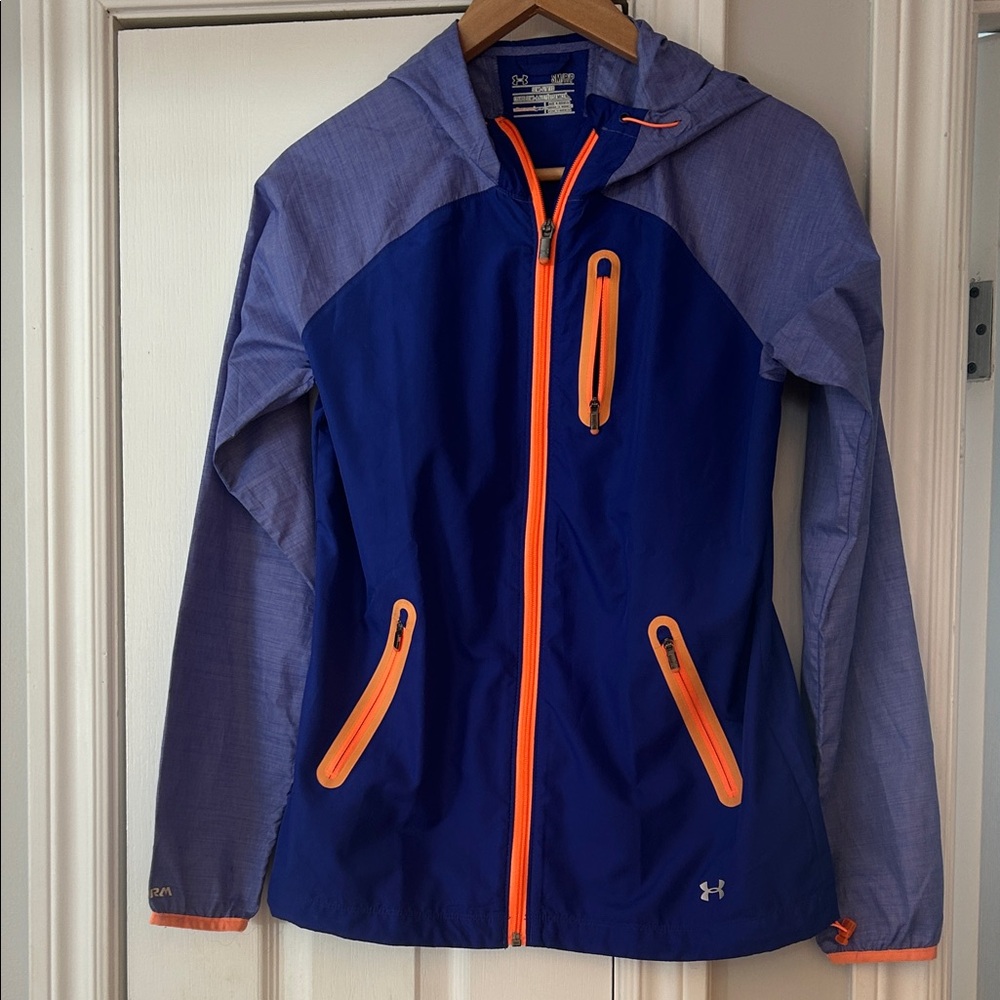 Under Armour Women’s' Blue Hooded Windbreaker Jacket with Orange Accents